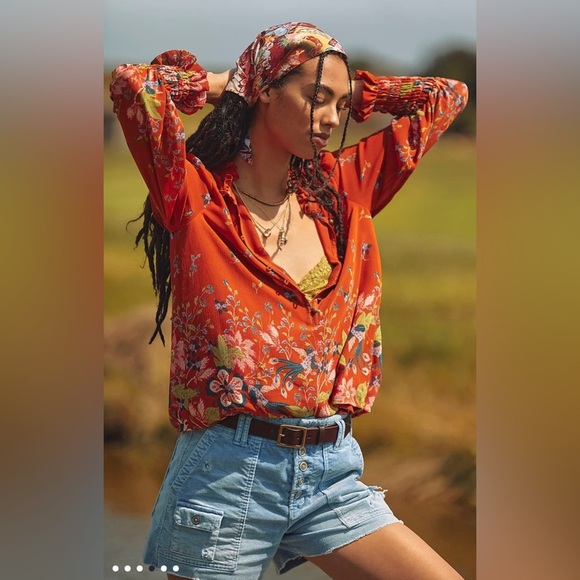 Women’s Anthropologie Boho Floral Motif Chiffon Festival Puff Sleeve Blouse - Picture 1 of 8
